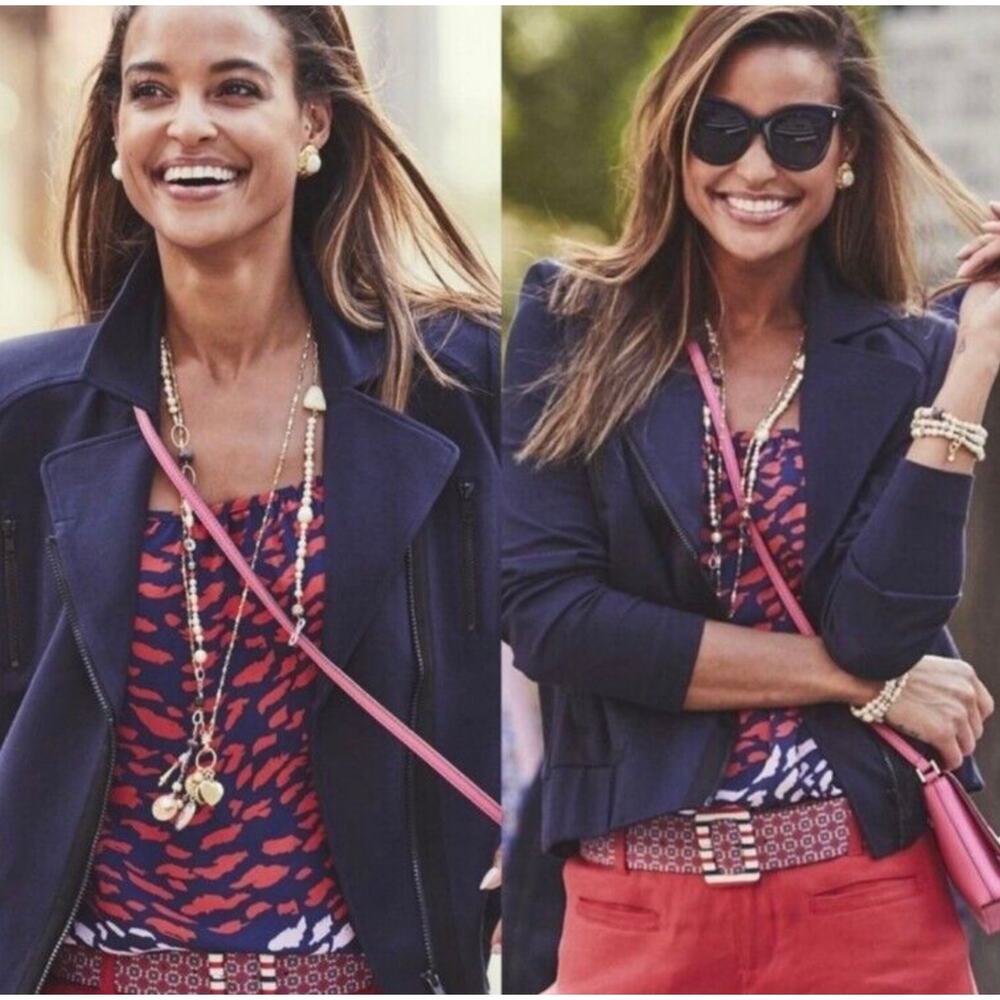 CAbi Moto Chance Jacket Women's Size Small Navy Blue Asymmetrical Zipper